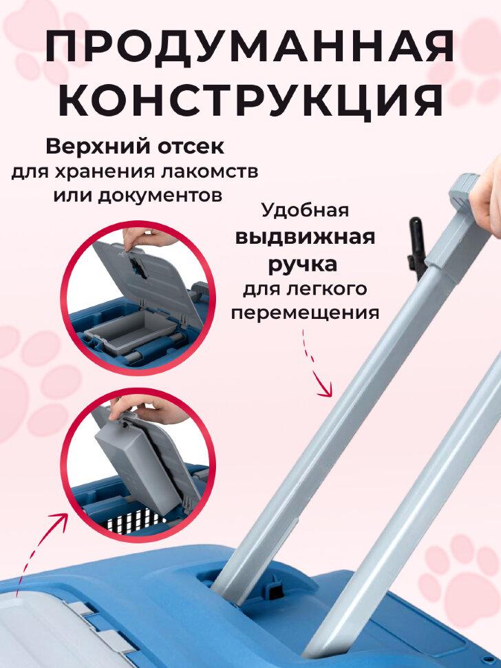 Переноска пластиковая Petmode Deluxe 72х54х51 см на колесах, синий/серый
