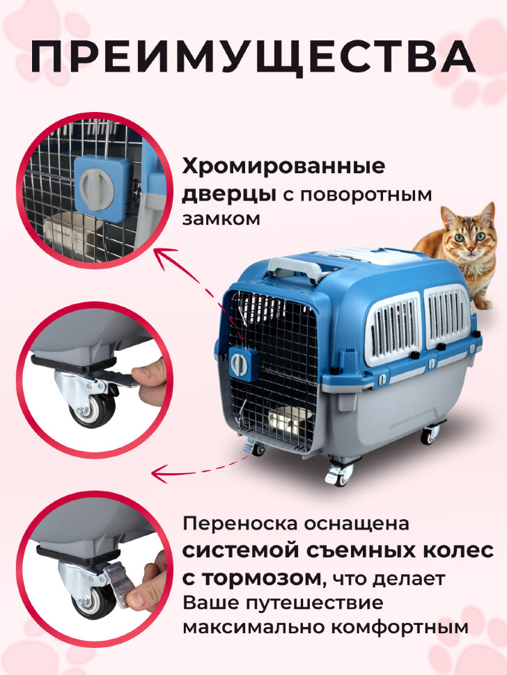 Переноска пластиковая Petmode Deluxe 72х54х51 см на колесах, синий/серый